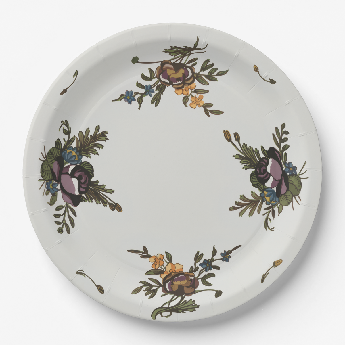 Moustiers four bouquet 9 inch paper dinner plate, front view
