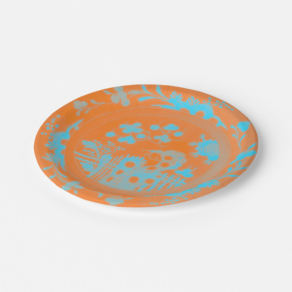 La Chinoiserie Orange chinoiserie garden paper plate angled