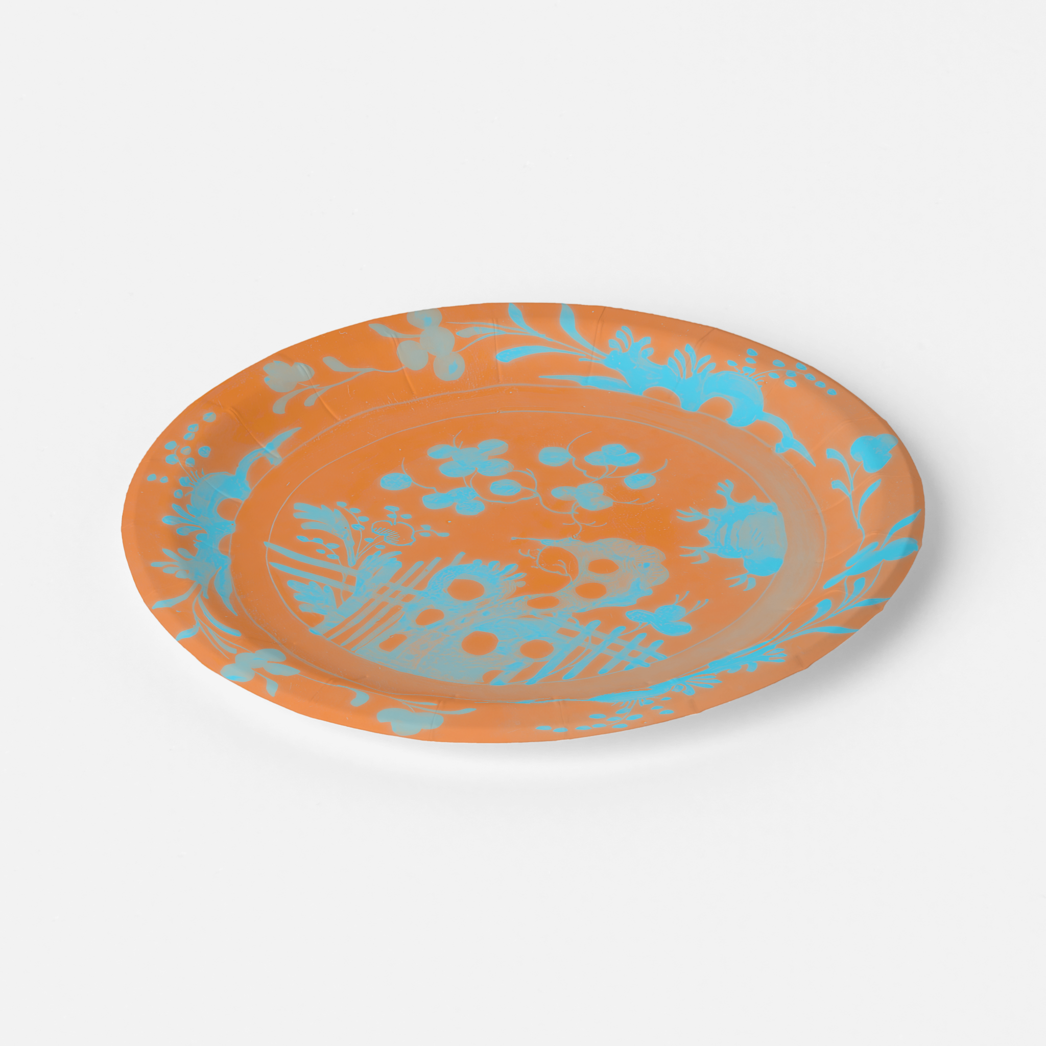 La Chinoiserie Orange chinoiserie garden paper plate angled