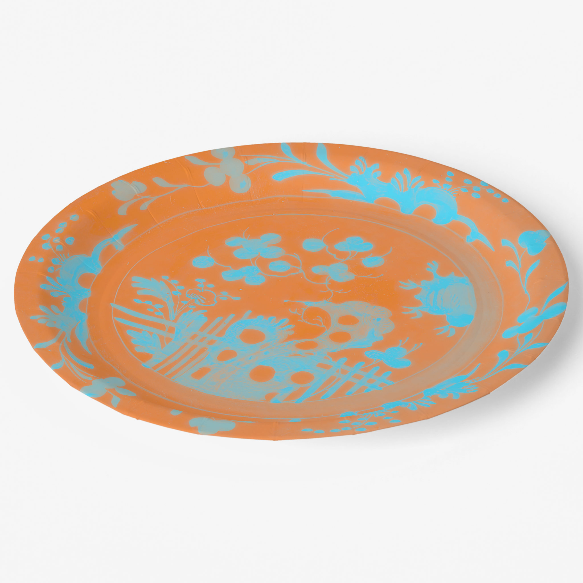 La Chinoiserie Orange chinoiserie garden paper plate angled