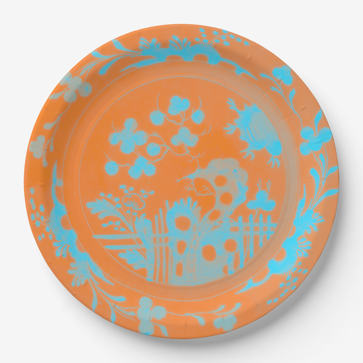 La Chinoiserie Orange dinner plate — aqua garden scene on orange
