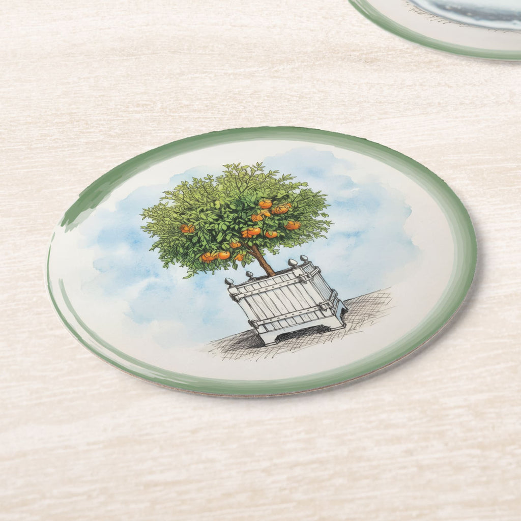 Le Jardin Français Orange Topiary Paper Coasters — angled