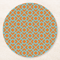 La Chinoiserie Orange Fretwork paper coaster, aqua lattice on orange