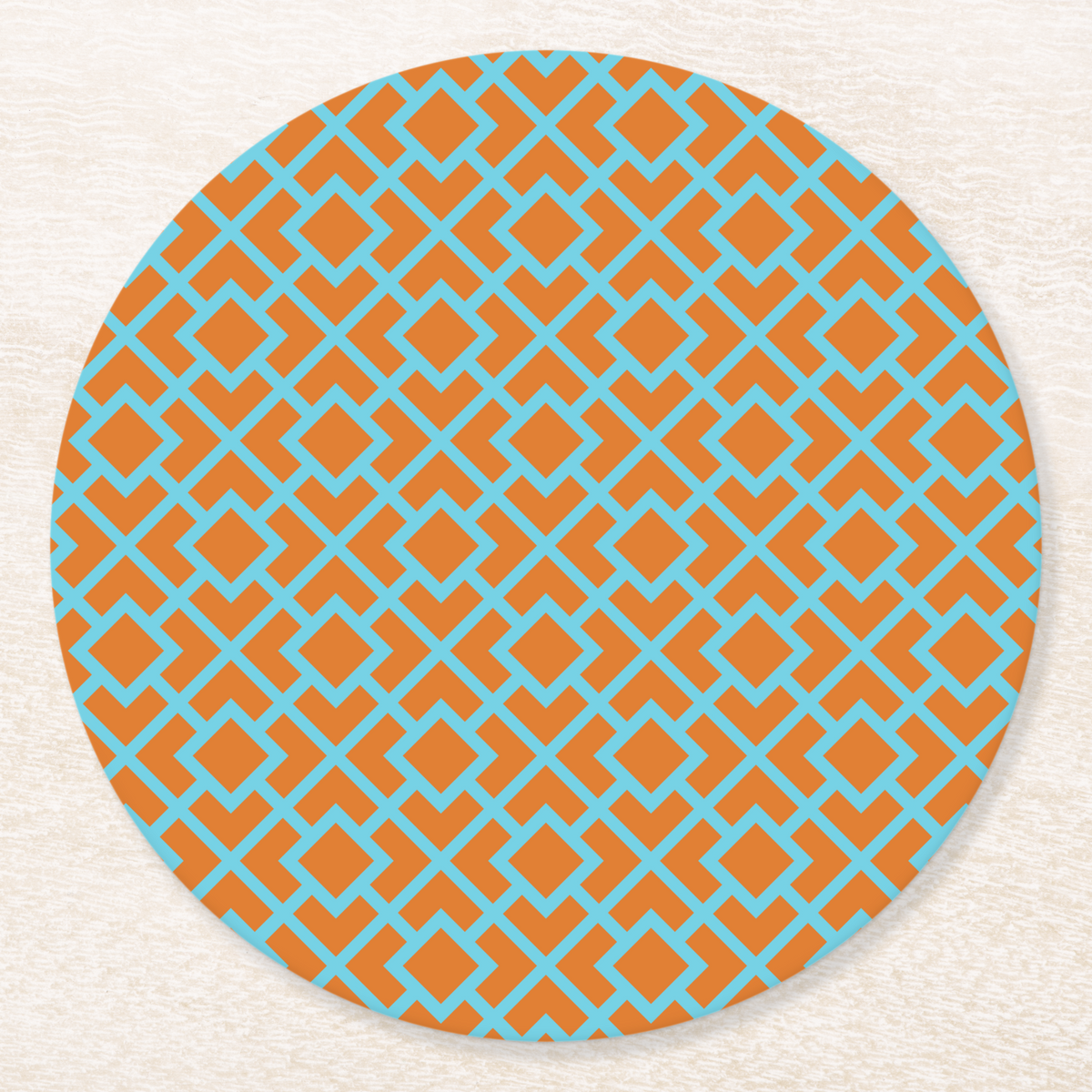 La Chinoiserie Orange Fretwork paper coaster, aqua lattice on orange