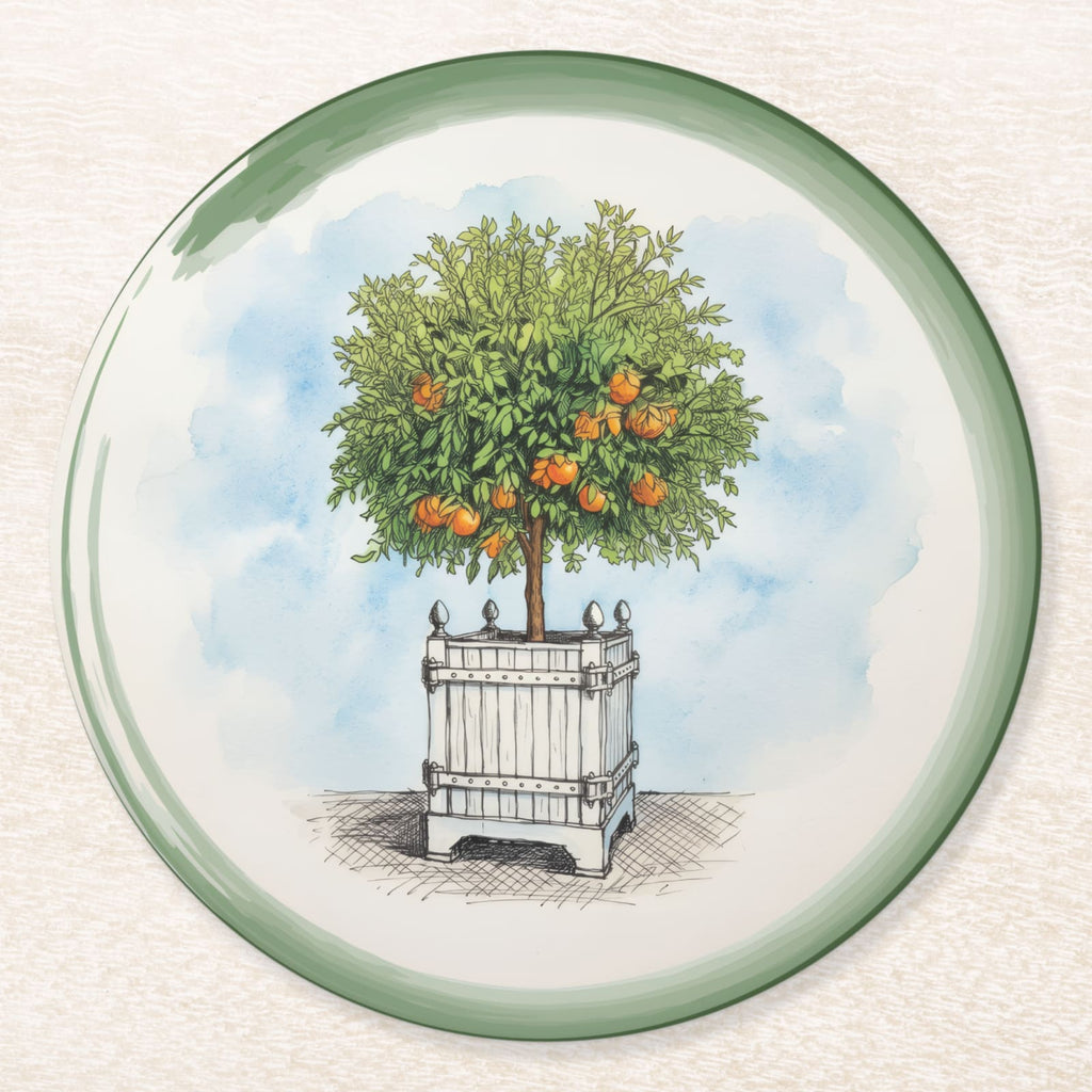 Le Jardin Français Orange Topiary Paper Coasters — front