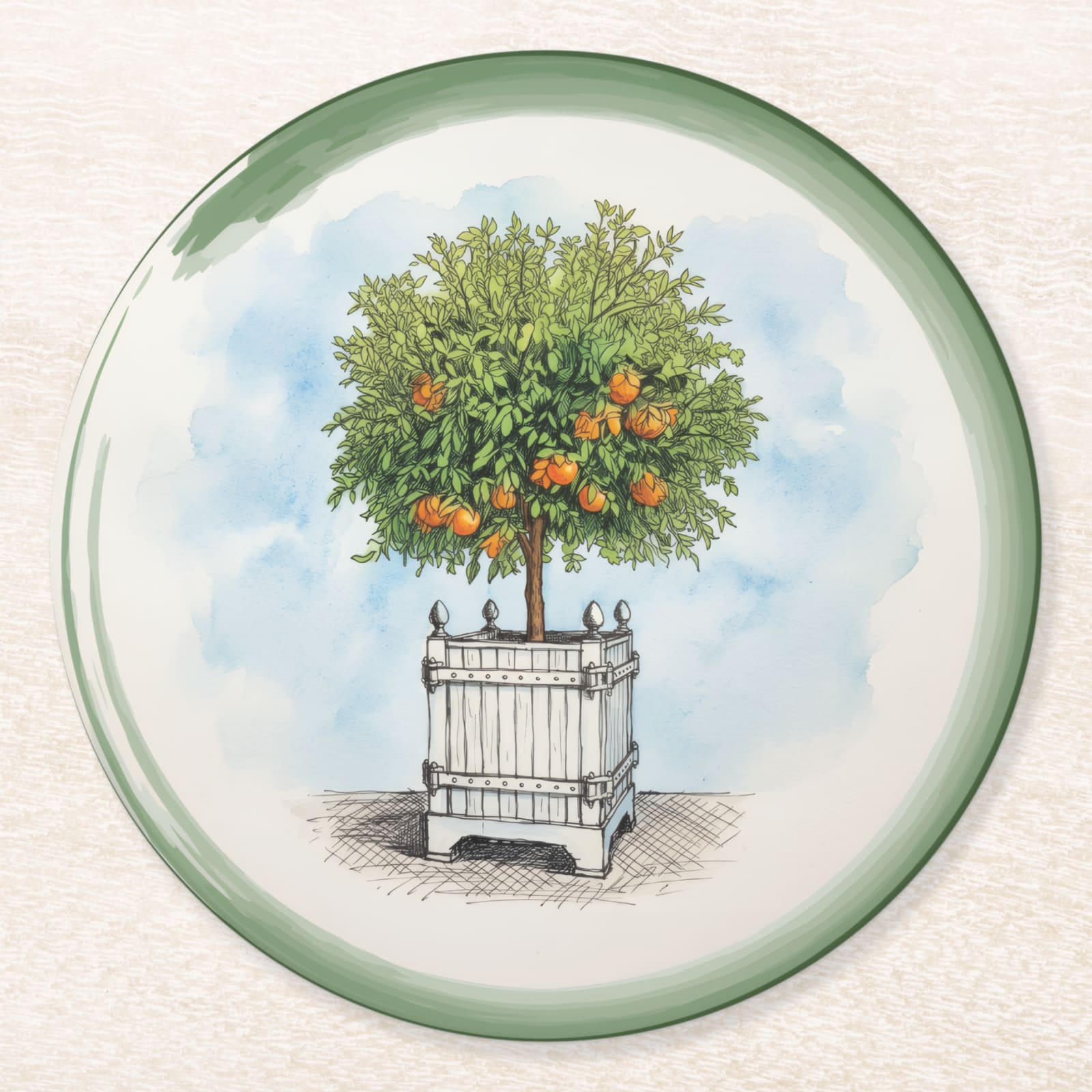 Le Jardin Français Orange Topiary Paper Coasters — front