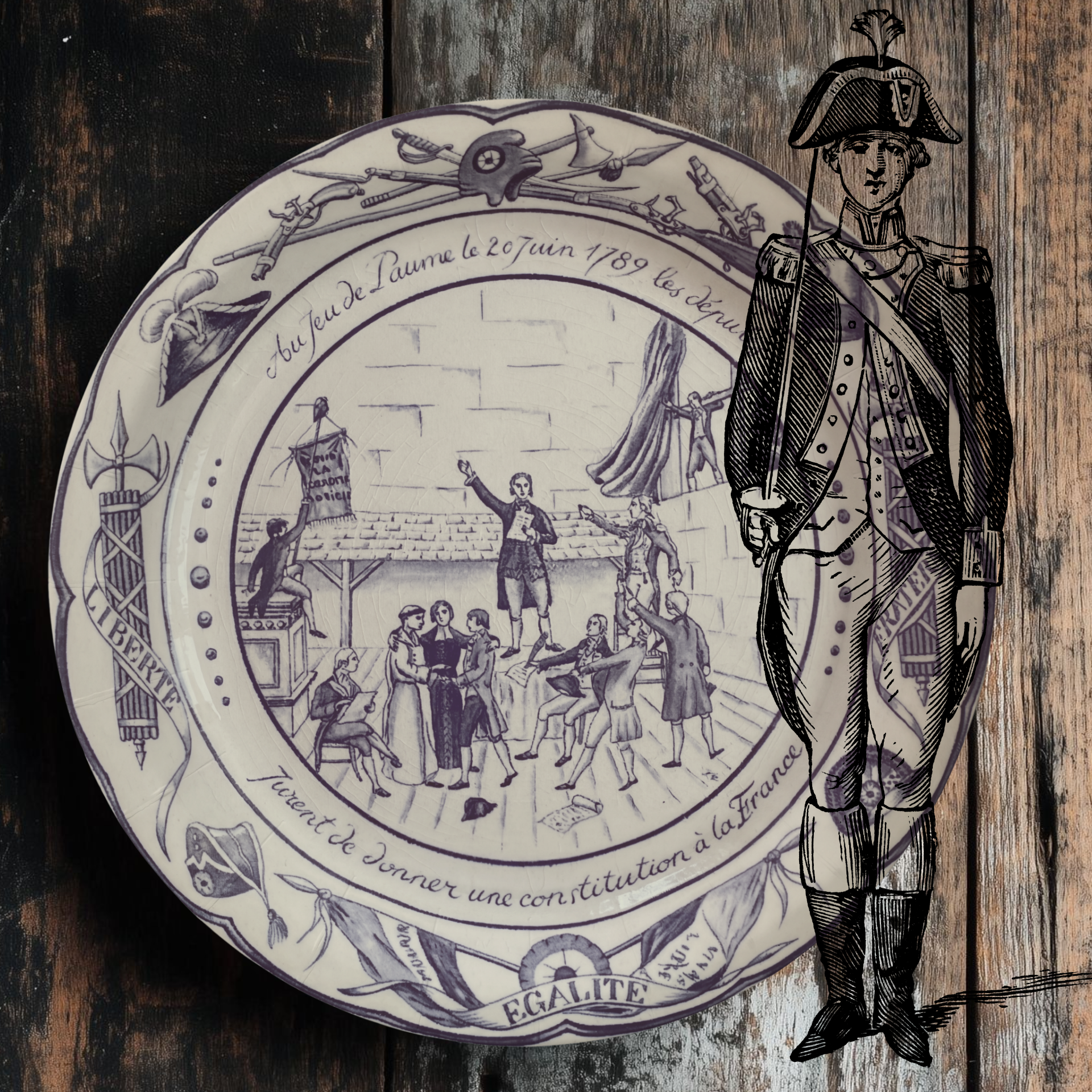 Paper Party plate with French revolutionary scene and text on a wooden table