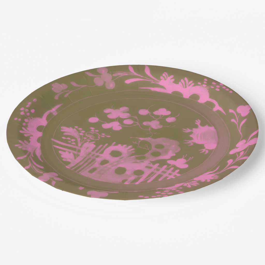 La Chinoiserie Pink chinoiserie garden paper plate angled