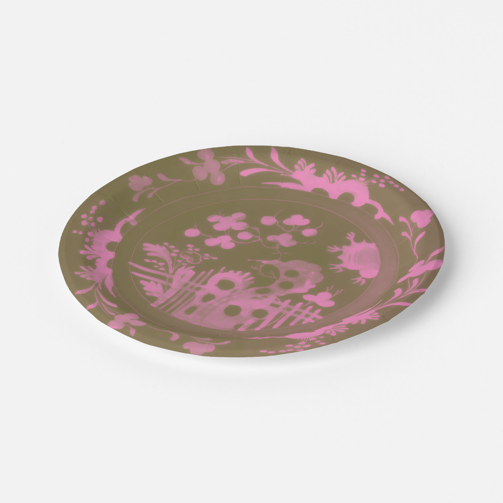 La Chinoiserie Pink chinoiserie garden paper plate angled