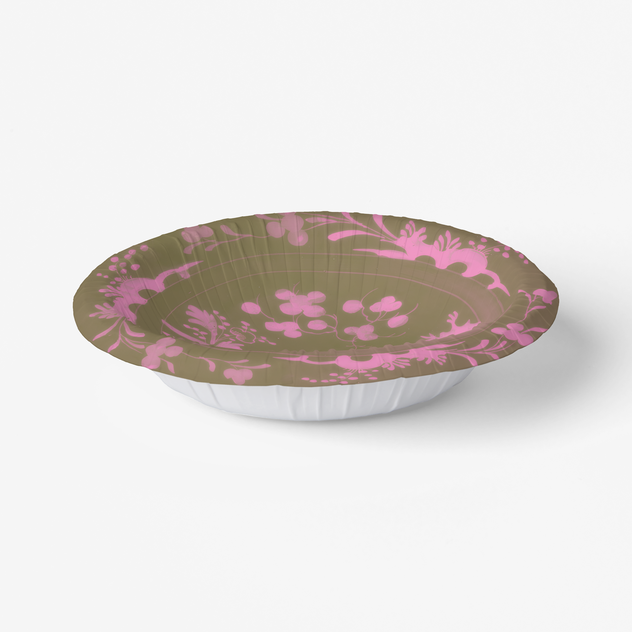 La Chinoiserie Pink chinoiserie garden paper plate angled