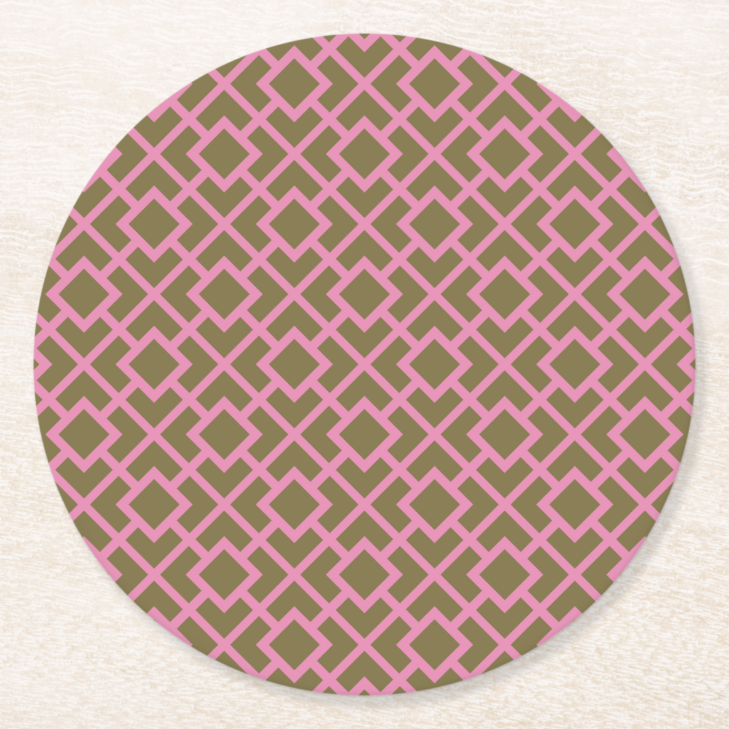 La Chinoiserie Pink Fretwork paper coaster, pink lattice on olive