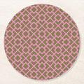 La Chinoiserie Pink Fretwork paper coaster, pink lattice on olive