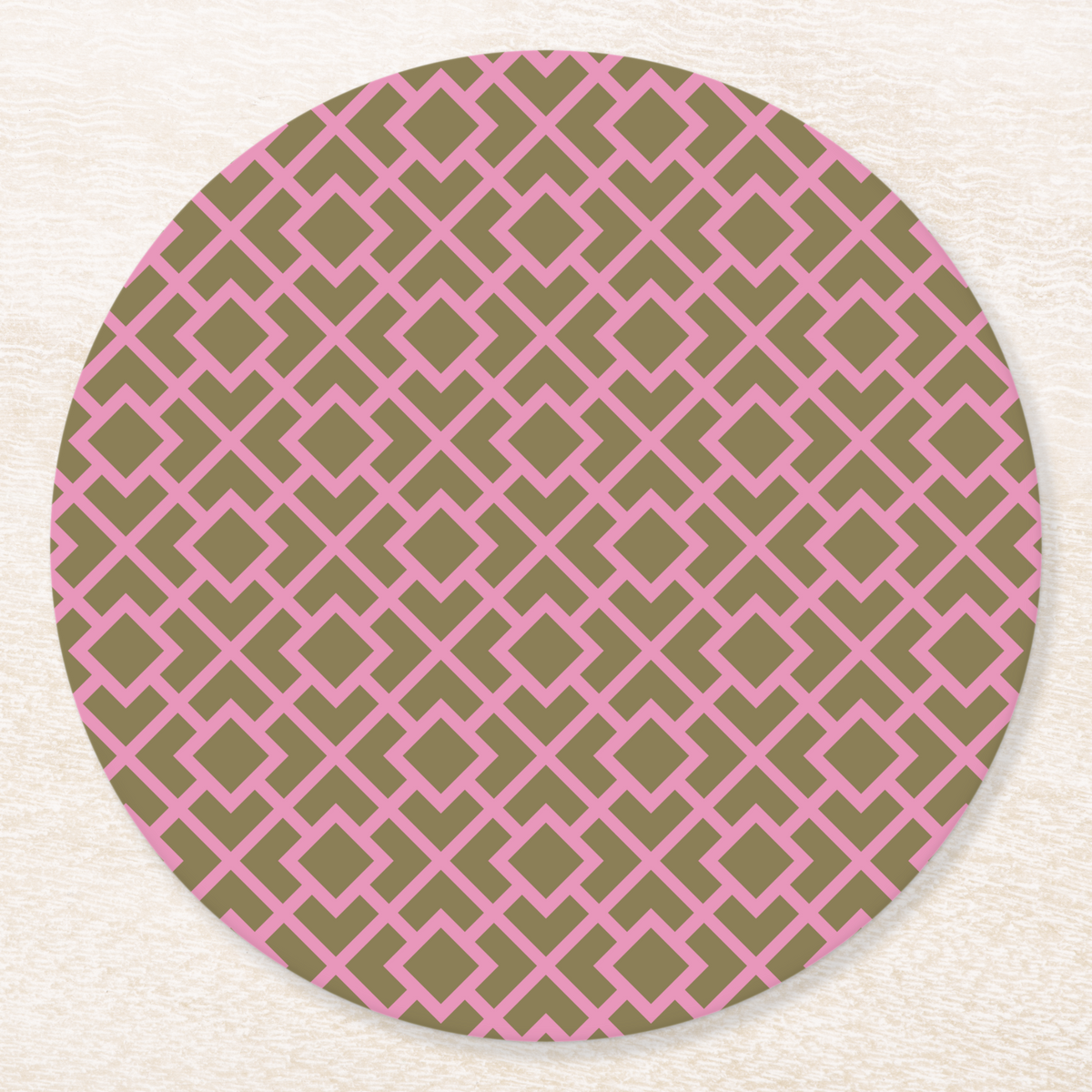 La Chinoiserie Pink Fretwork paper coaster, pink lattice on olive