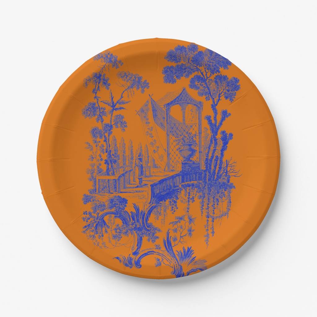 Orange  and Blue Toile paper plate with white background