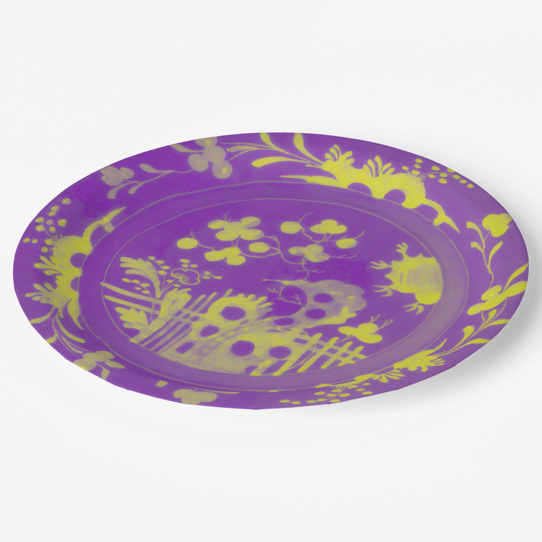 La Chinoiserie Violet chinoiserie garden paper plate angled