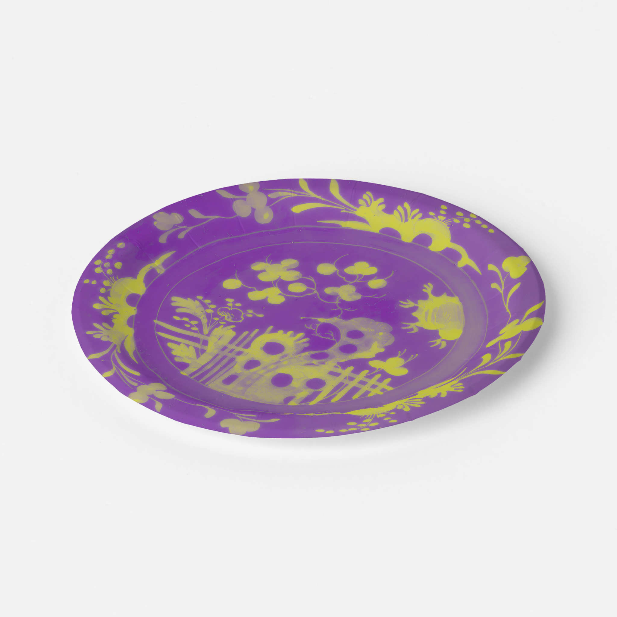 La Chinoiserie Violet chinoiserie garden paper plate angled
