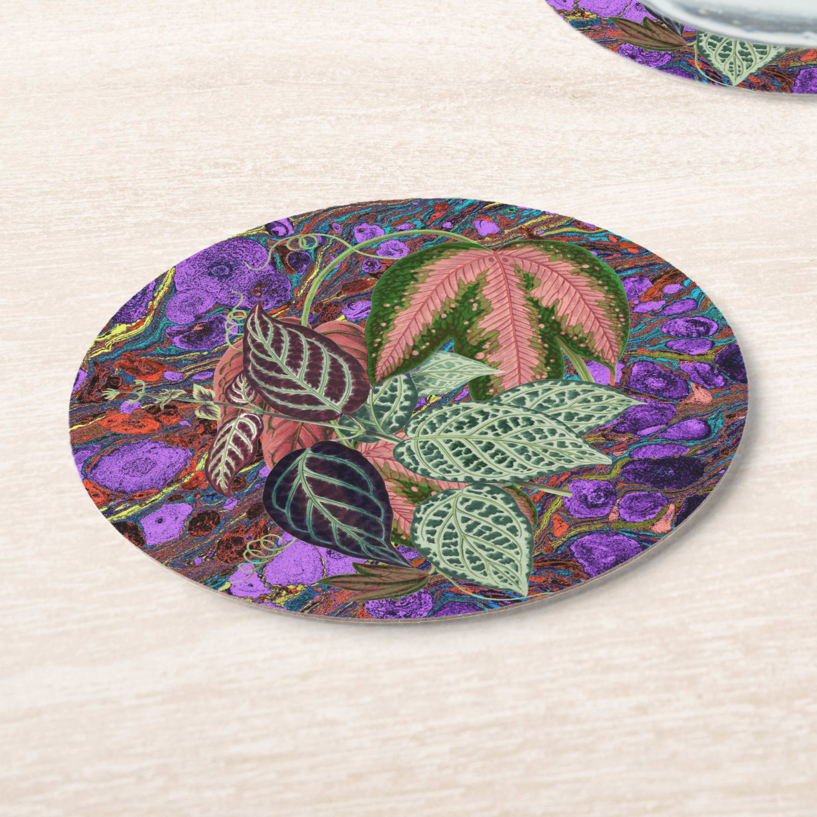 Les Fleurs Aubergine Floral Paper Coasters — angled