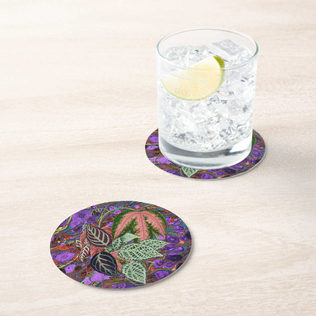 Les Fleurs Aubergine Floral Paper Coasters — in situ