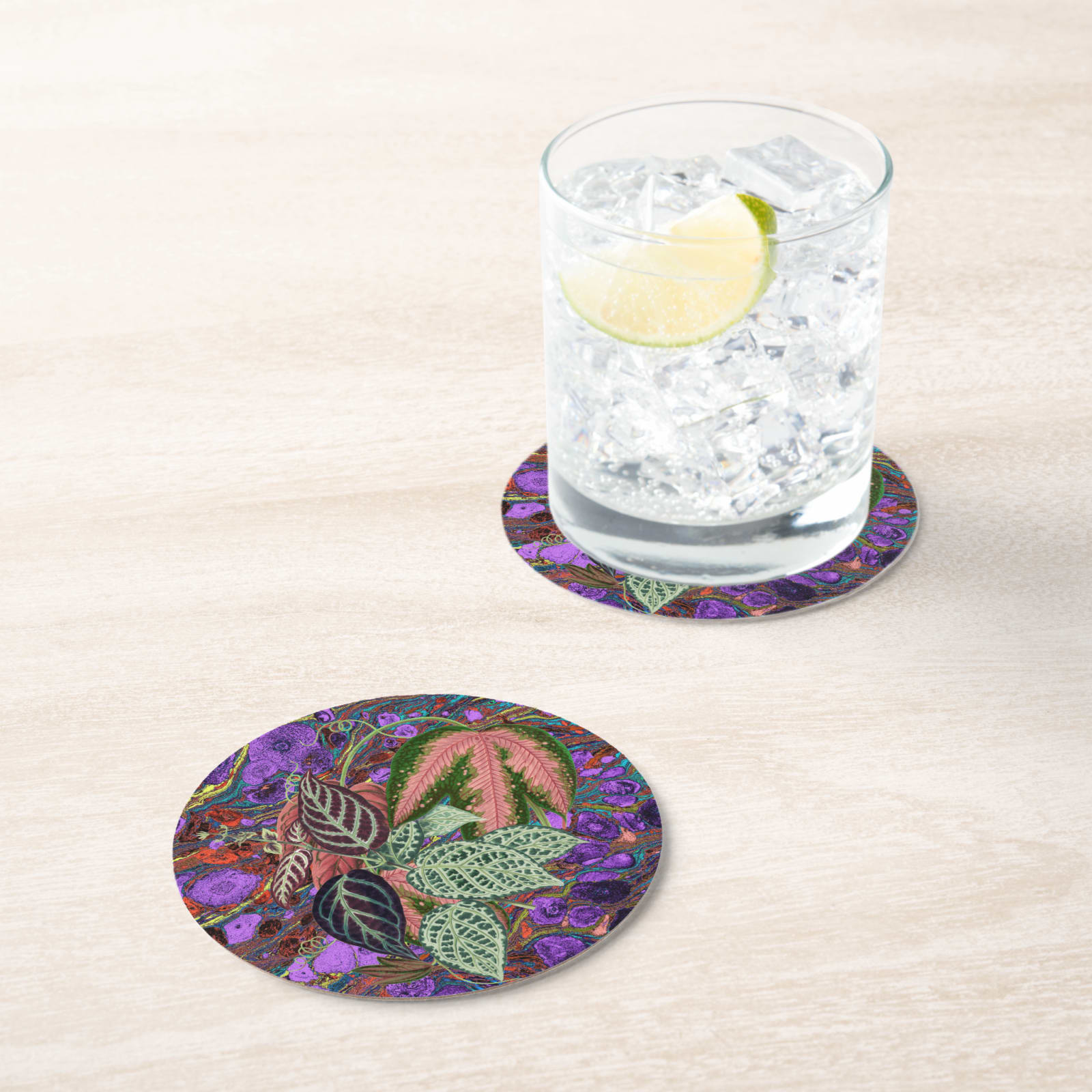 Les Fleurs Aubergine Floral Paper Coasters — in situ