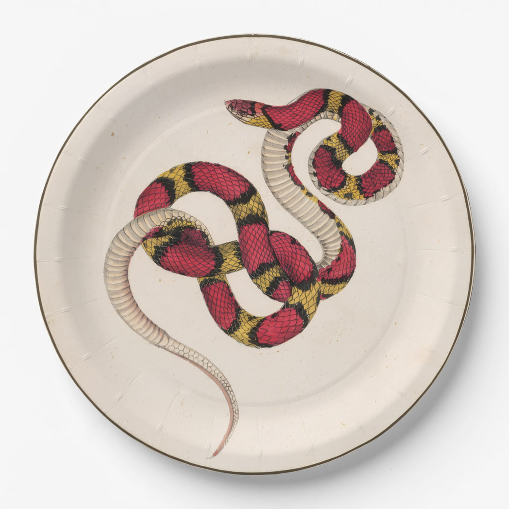 Scarlet Snake antique snake Halloween paper plate, overhead