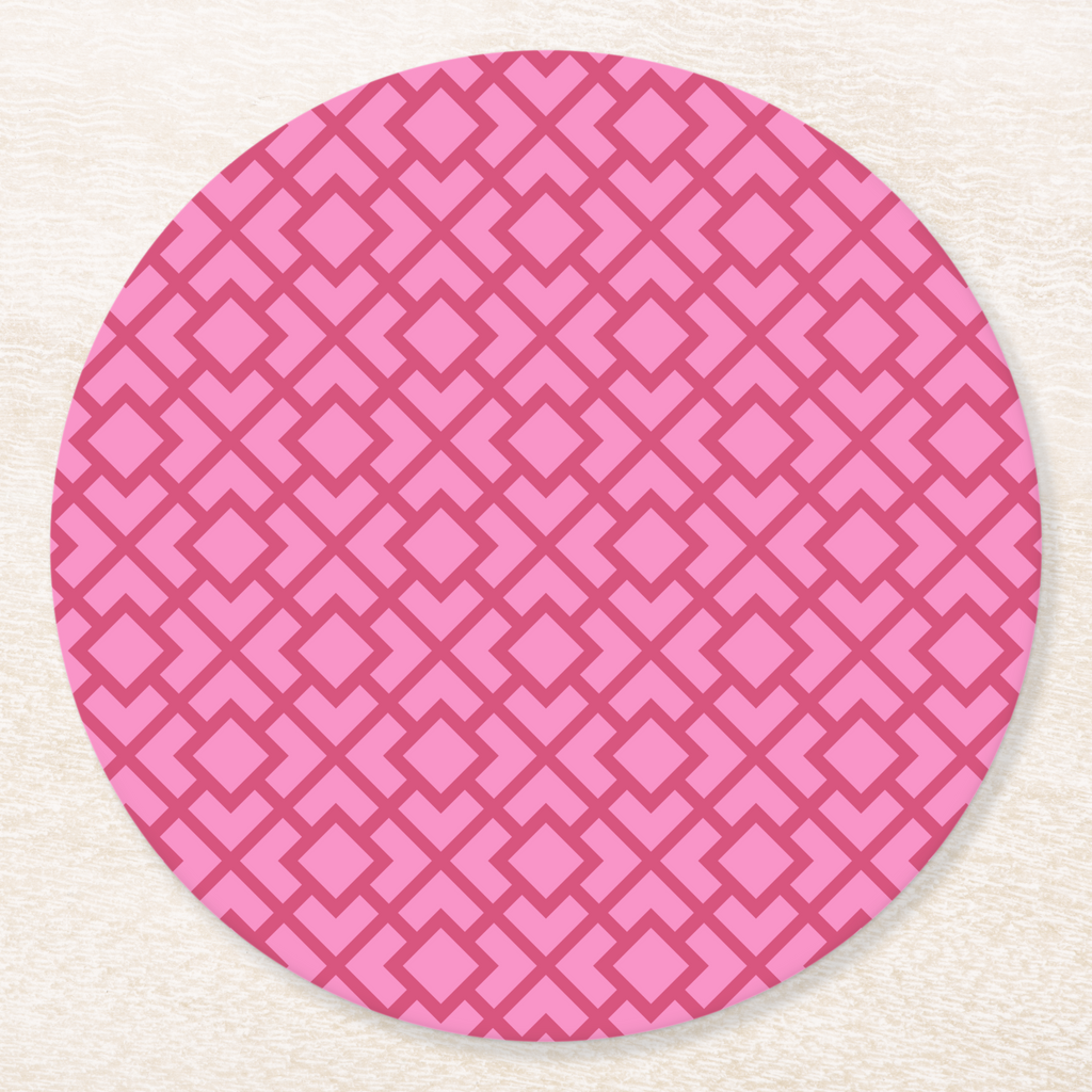 La Chinoiserie Rouge Fretwork paper coaster, deep rose lattice on pink