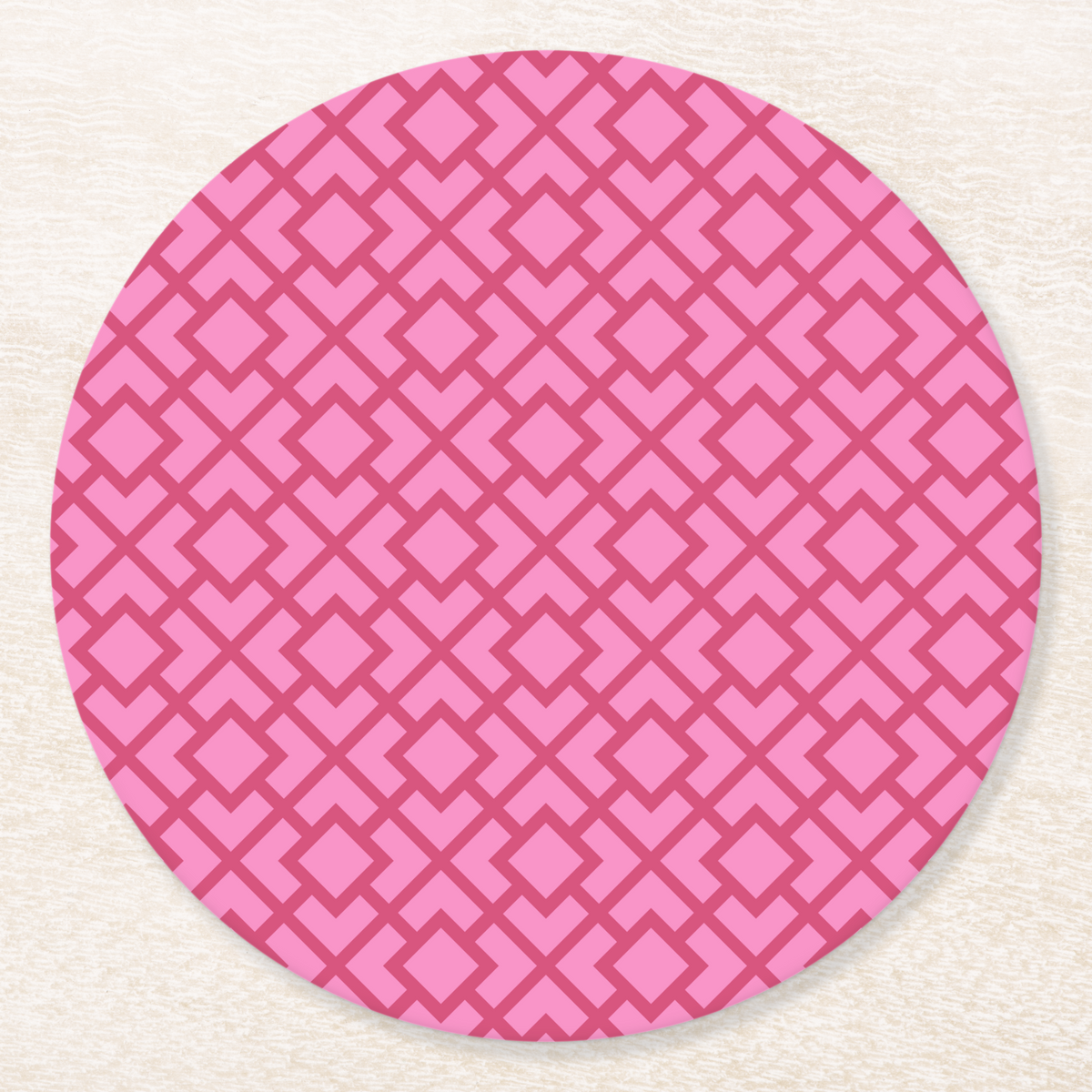 La Chinoiserie Rouge Fretwork paper coaster, deep rose lattice on pink
