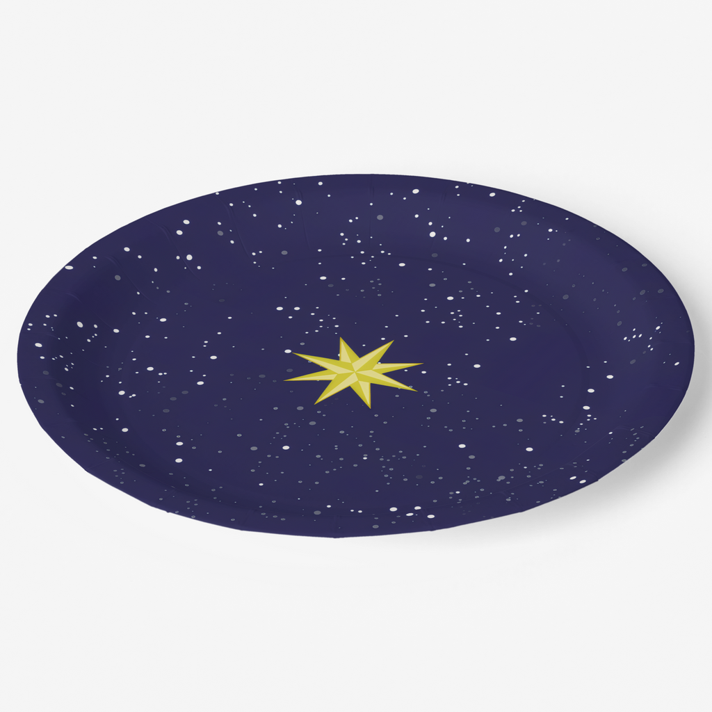 Noël L'Étoile dinner plate at an angle — gold star on a starry navy sky