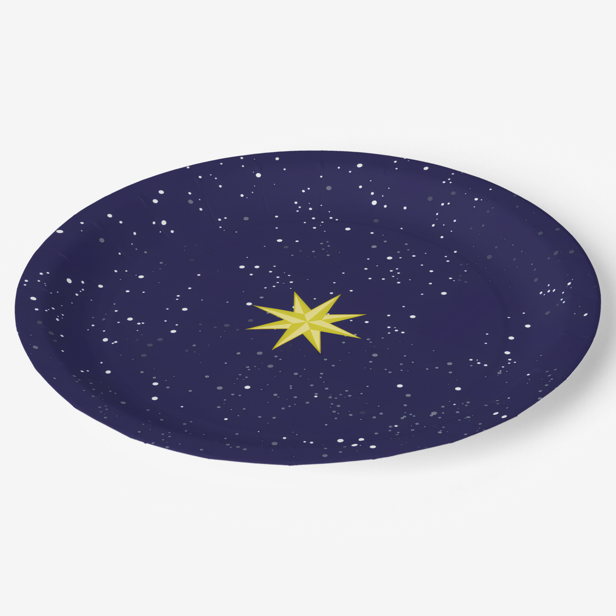 Noël L'Étoile dinner plate at an angle — gold star on a starry navy sky