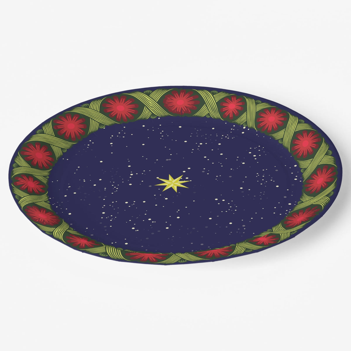 Noël La Tresse dinner plate at an angle — braided rim with rosettes over a starry navy ground