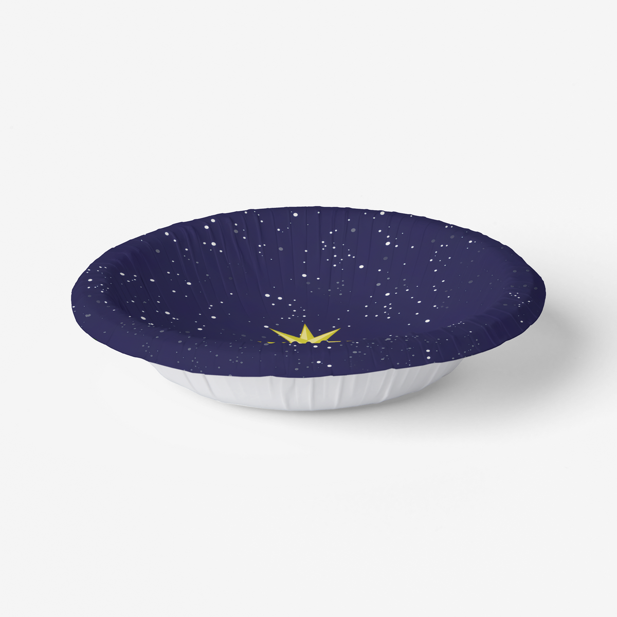 Noël L'Étoile bowl at an angle, its fluted wall visible — gold star on a starry navy sky
