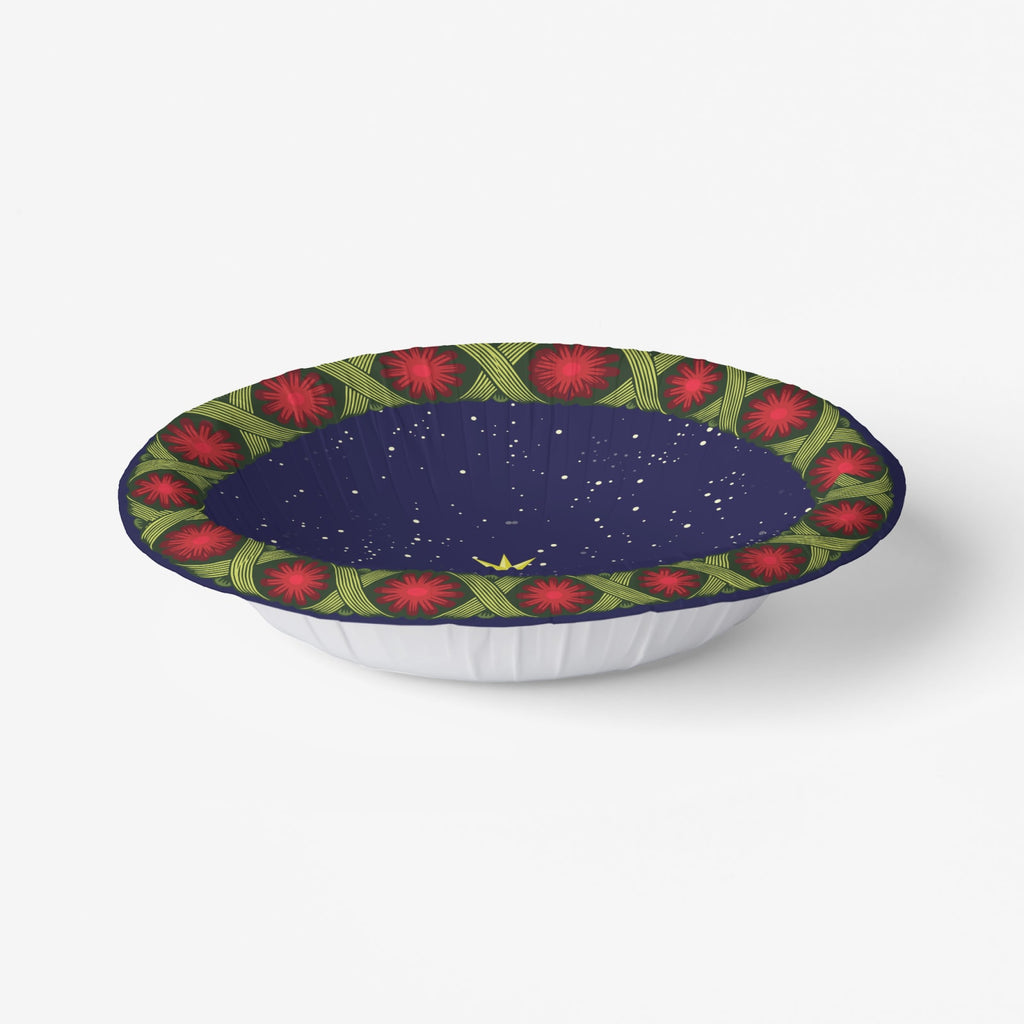 Noël La Tresse bowl at an angle, its fluted wall visible — braided rim with rosettes over a starry navy ground