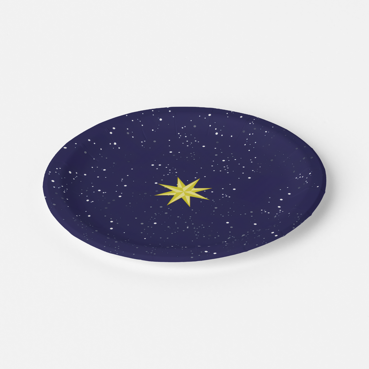 Noël L'Étoile salad plate at an angle — gold star on a starry navy sky