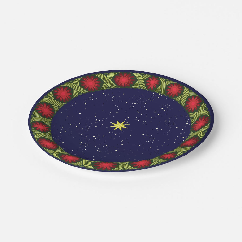 Noël La Tresse salad plate at an angle — braided rim with rosettes over a starry navy ground