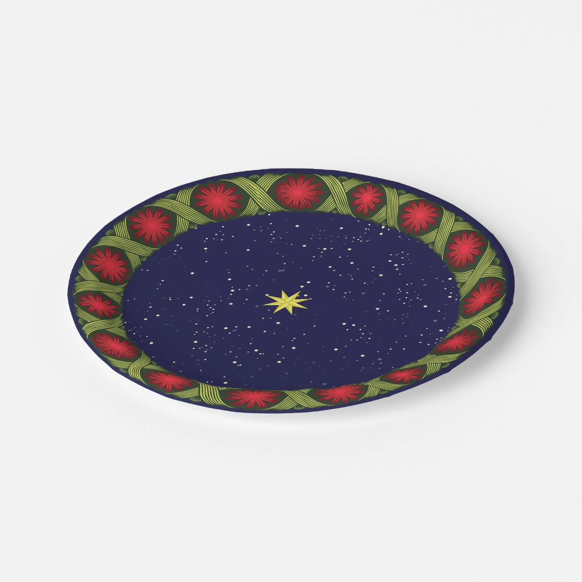 Noël La Tresse salad plate at an angle — braided rim with rosettes over a starry navy ground