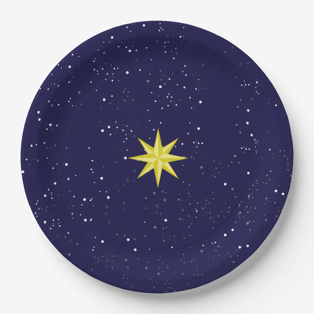 Noël L'Étoile 9″ dinner plate — gold eight-pointed star on a starry navy sky, printed to the rim