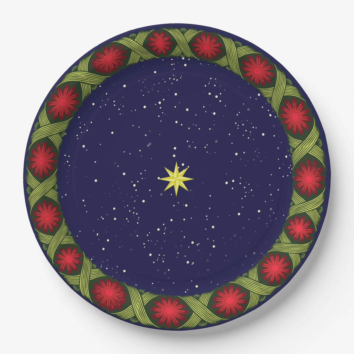 Noël La Tresse 9″ dinner plate — gold star on a navy night sky inside a braided green band with red rosettes