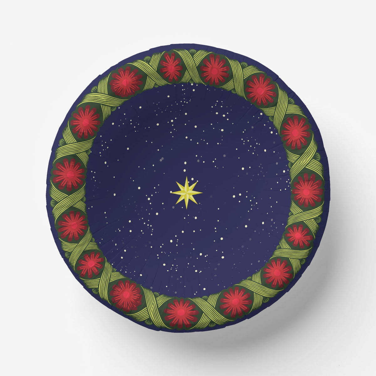 Noël La Tresse 7″ bowl — gold star on a navy night sky inside a braided green band with red rosettes