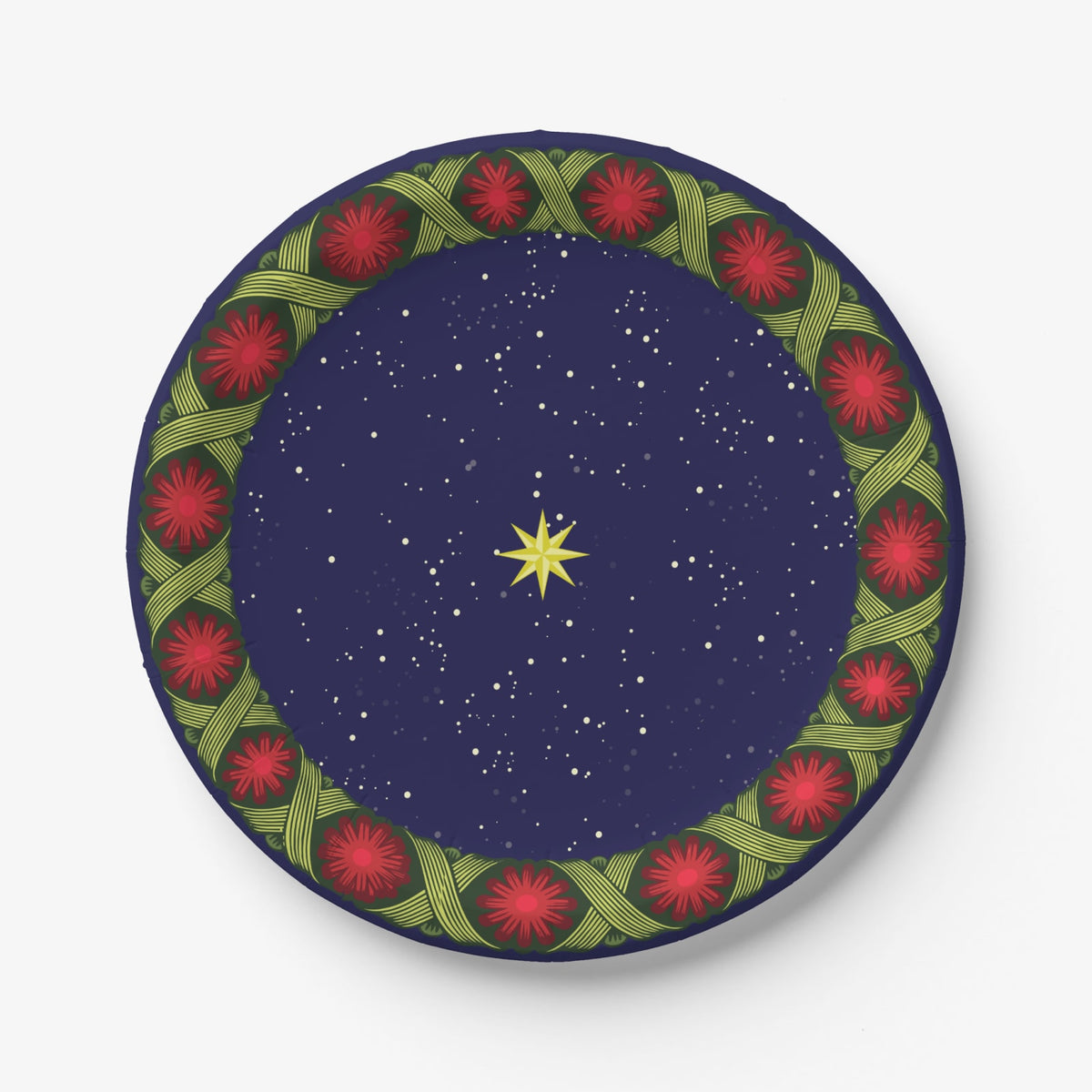 Noël La Tresse 7″ salad plate — gold star on a navy night sky inside a braided green band with red rosettes