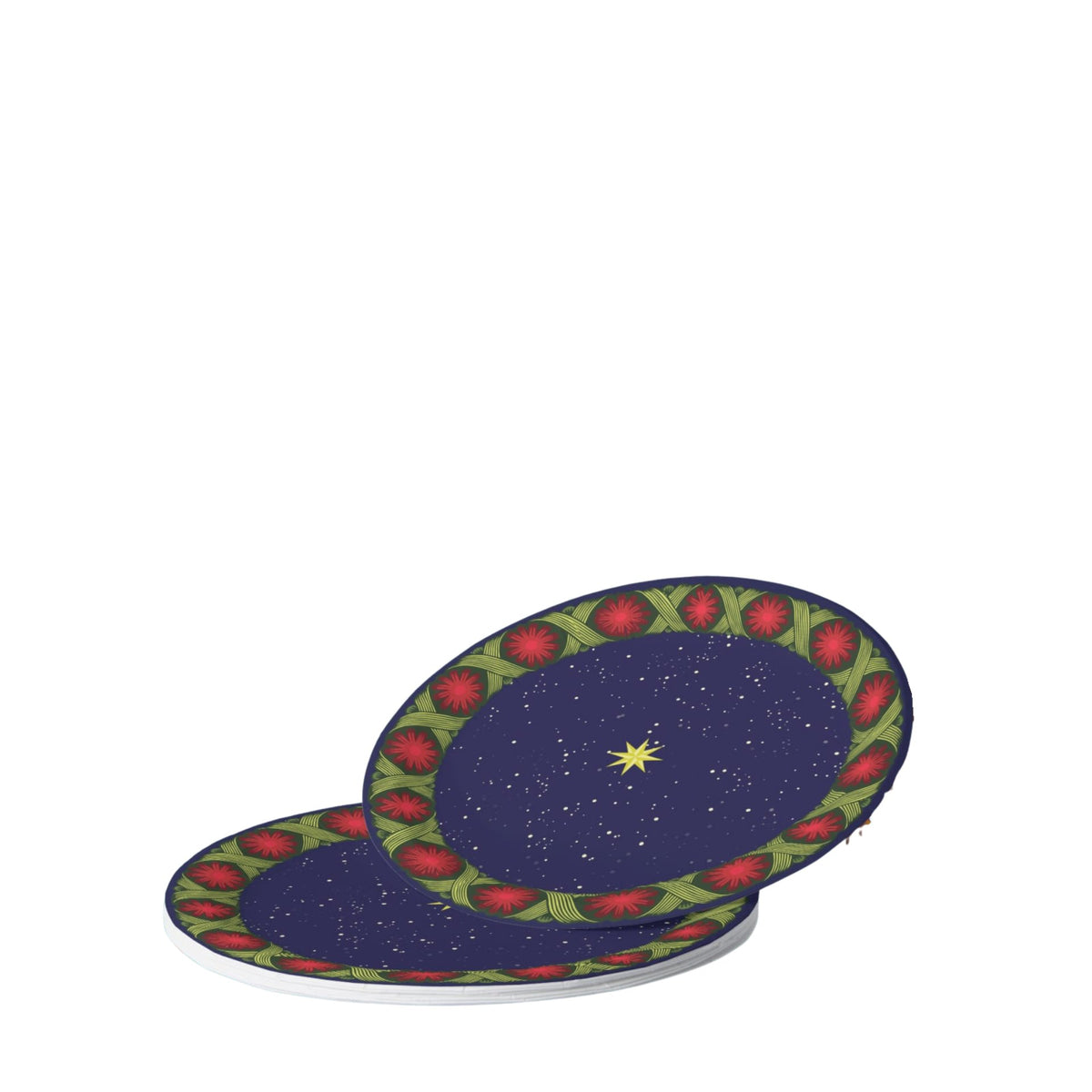 Noël La Tresse plates on a set table — gold star on navy inside a braided green band with red rosettes