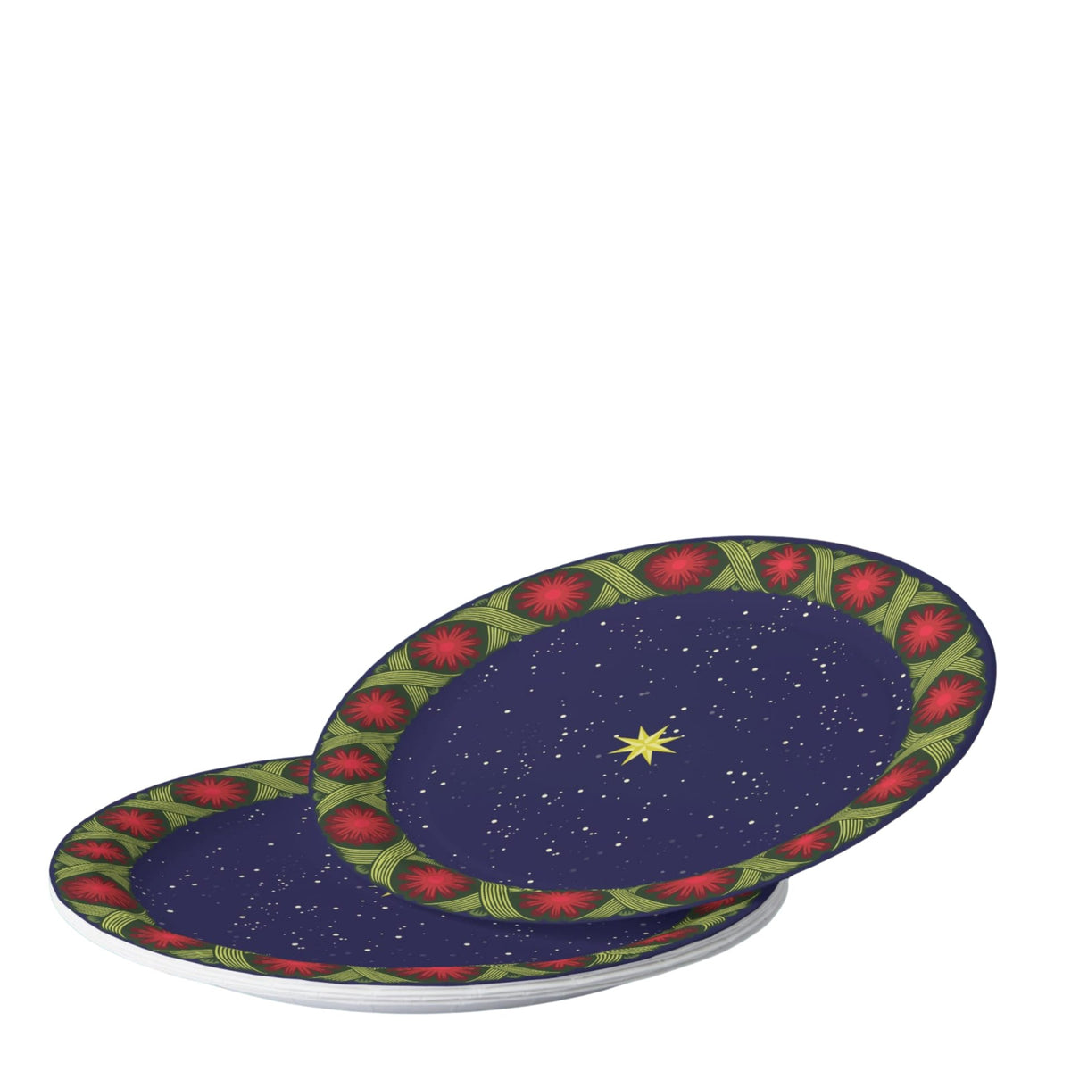 Noël La Tresse plates stacked on a set table — gold star on navy inside a braided green band with red rosettes