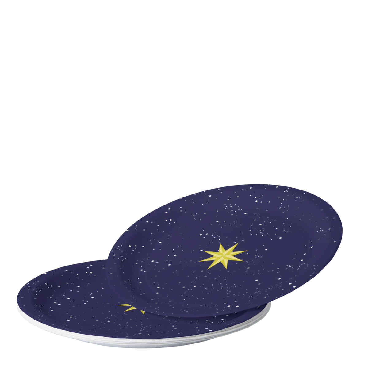 Noël L'Étoile dinner plates on a set table — gold star on starry navy