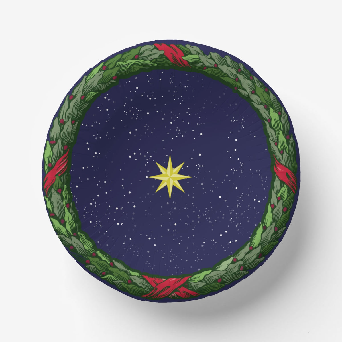 Noël La Nuit Étoilée 7″ bowl — gold star on a navy night sky inside a green laurel wreath