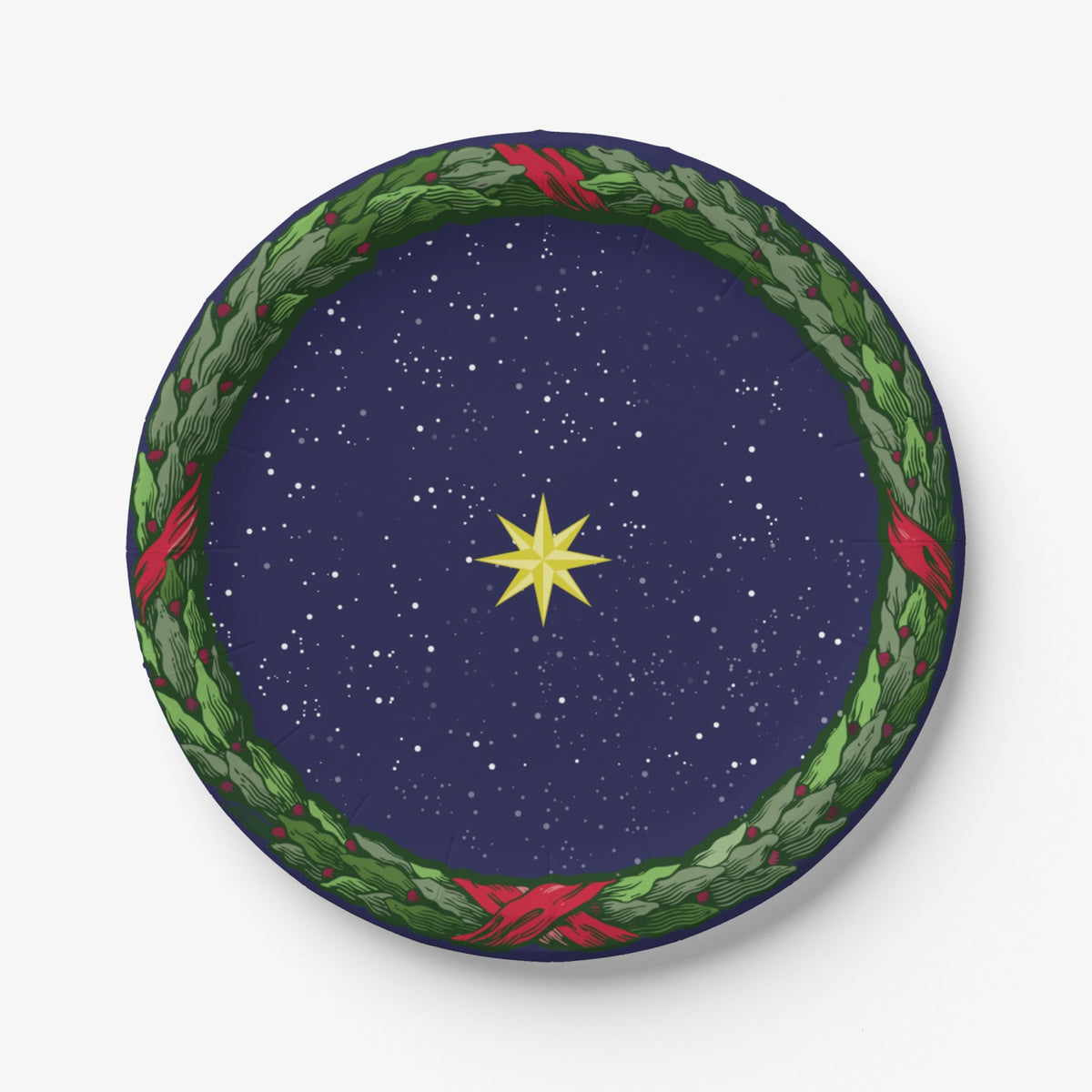 Noël La Nuit Étoilée 7″ salad plate — gold star on a navy night sky inside a green laurel wreath