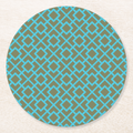 La Chinoiserie Teal Fretwork paper coaster, aqua lattice on olive