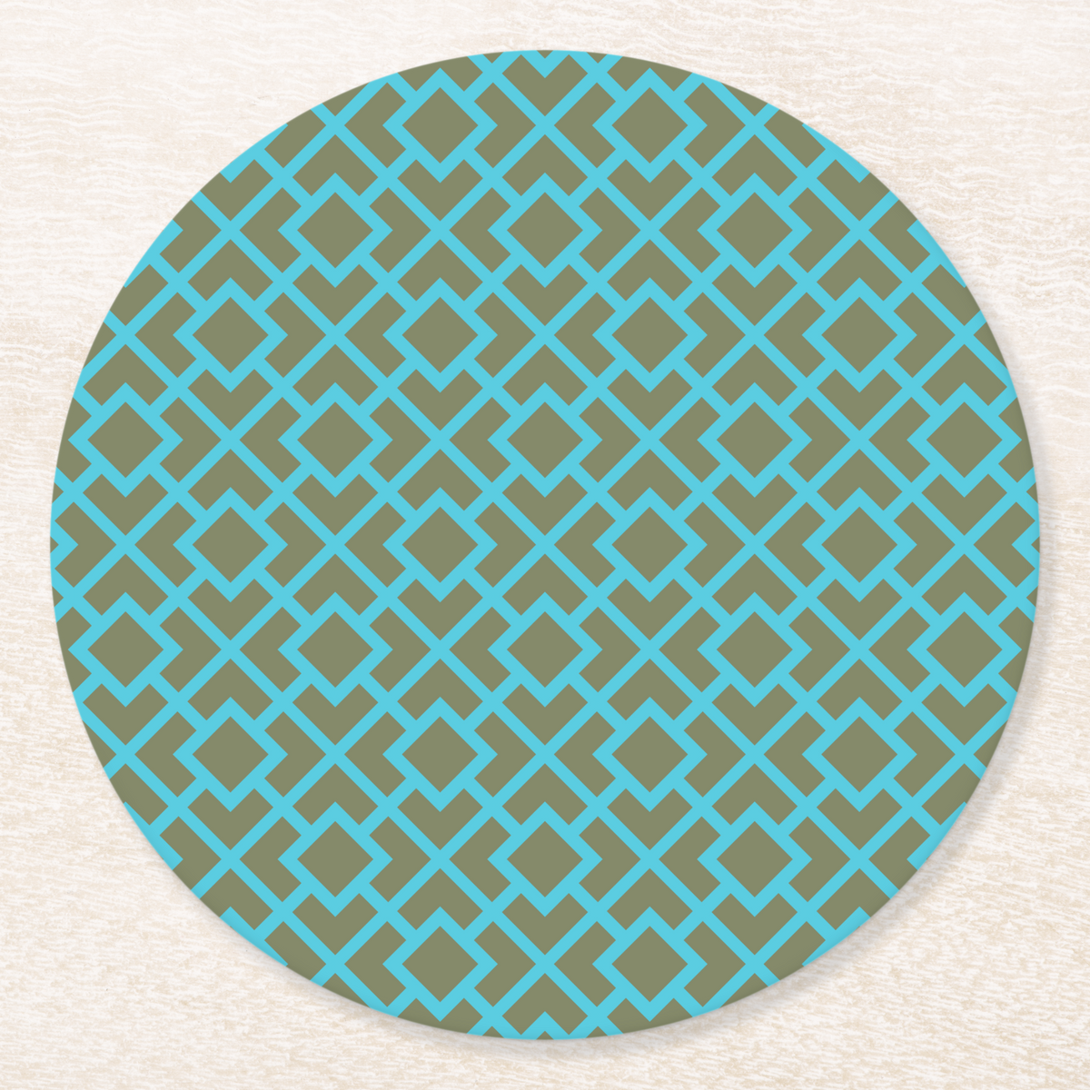 La Chinoiserie Teal Fretwork paper coaster, aqua lattice on olive