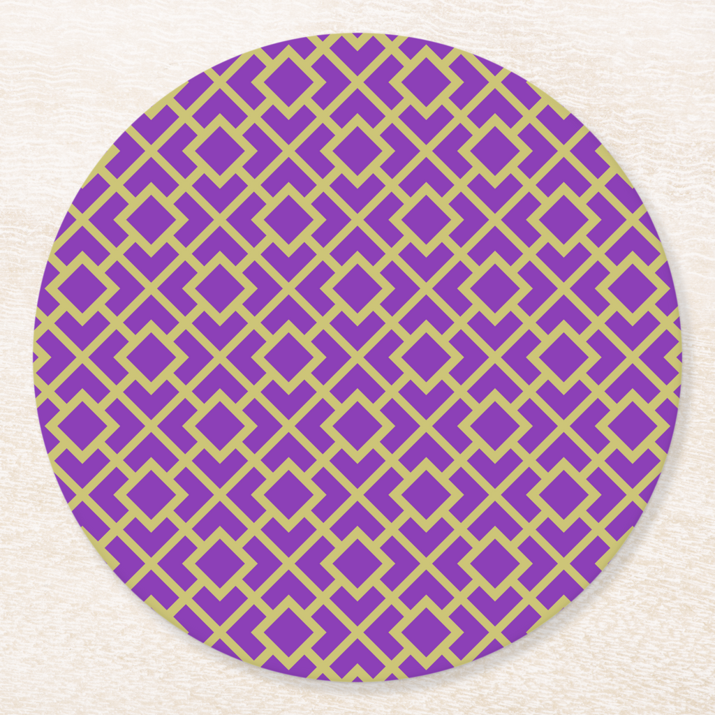 La Chinoiserie Violet Fretwork paper coaster, violet lattice on chartreuse