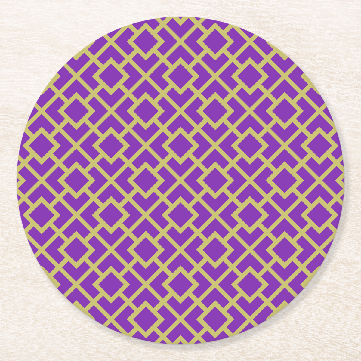 La Chinoiserie Violet Fretwork paper coaster, violet lattice on chartreuse