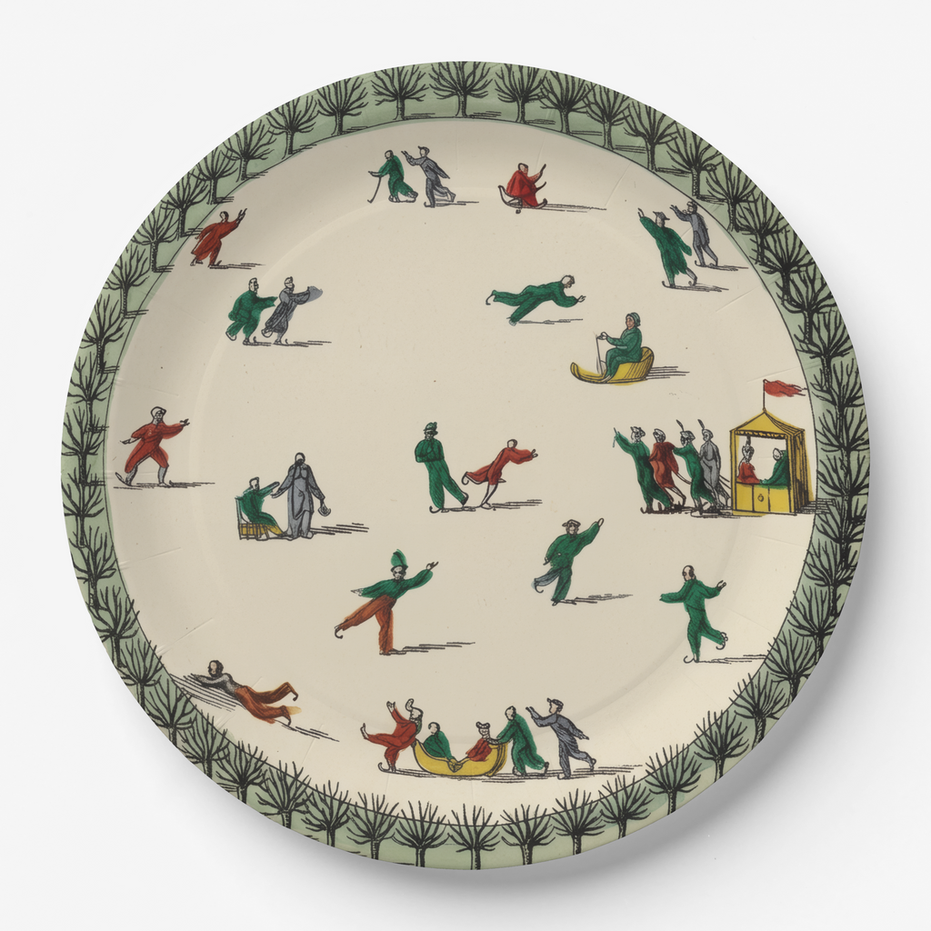 Vintage Voyagers France Noël La Patinoire 9-inch paper plate — ice rink engraving with fir hedge border