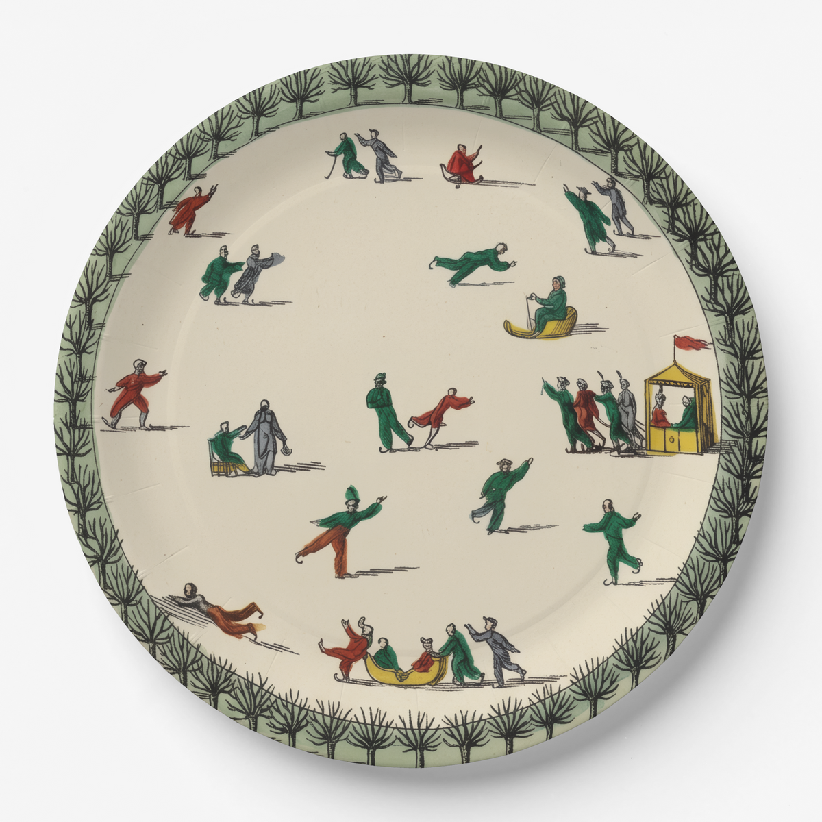 Vintage Voyagers France Noël La Patinoire 9-inch paper plate — ice rink engraving with fir hedge border