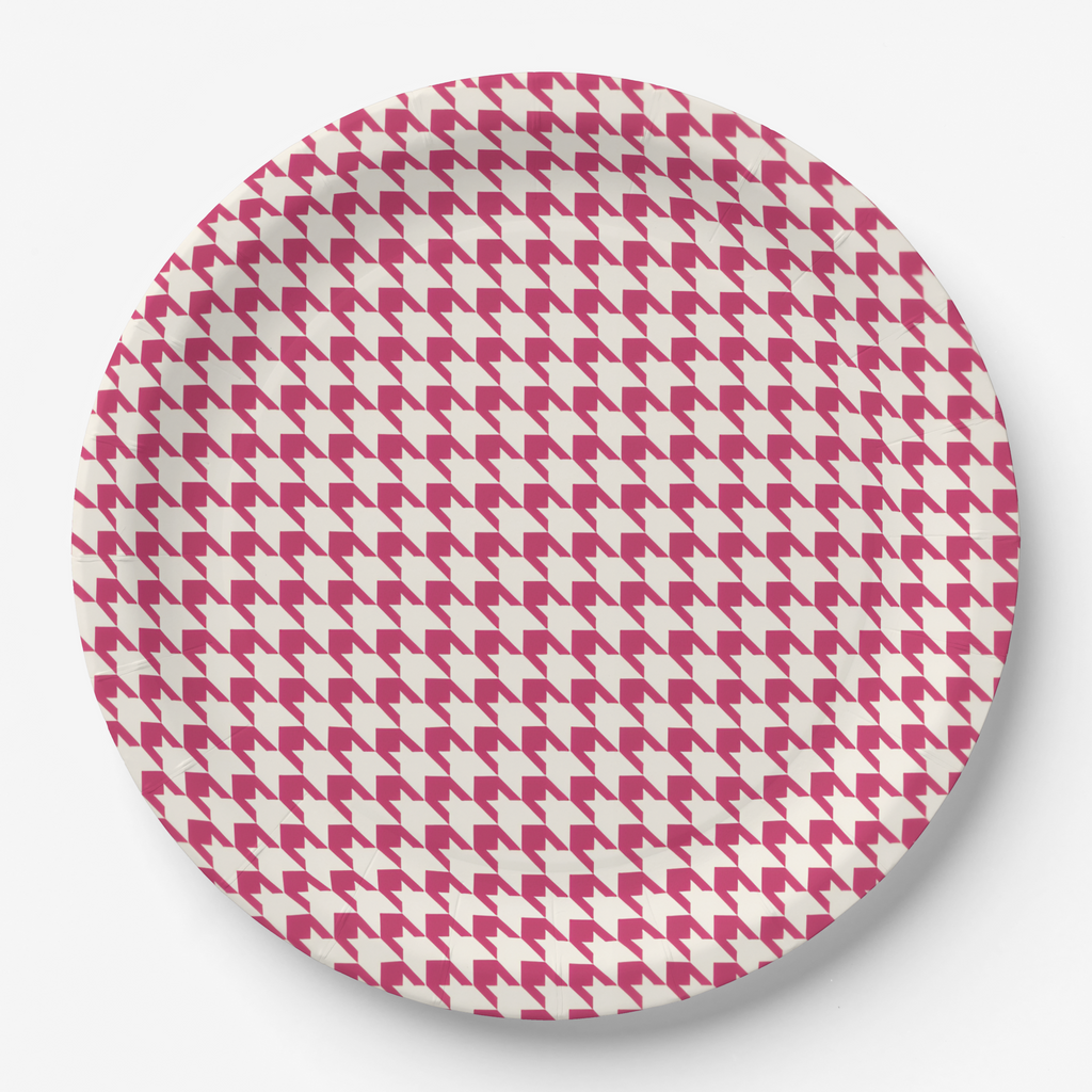 Vintage Voyagers France Hot Pink Houndstooth Paper Plates